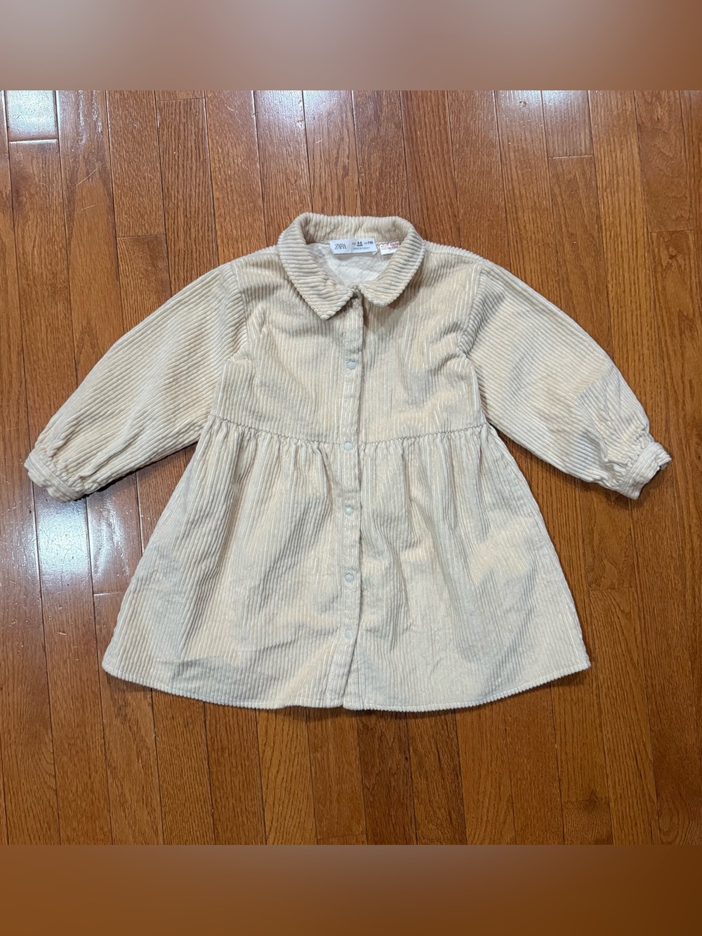 ZARA Kids Girls  4-5 110cm Years Cream Corduroy Long Sleeve Shirt Dress Collared